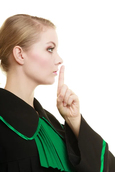 Mujer abogado dedo en los labios como señal silenciosa — Foto de Stock