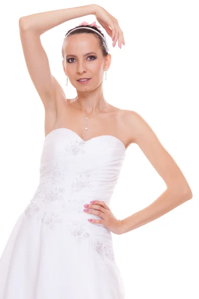 Svůdná nevěsta hezká žena v bílých svatebních šatech — Stock fotografie