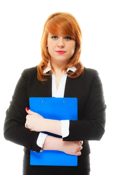 Mulher segurando prancheta azul — Fotografia de Stock