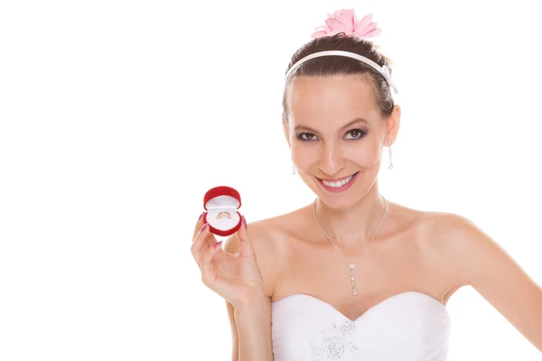 Excited bride woman opening engagement ring box. — Stock Photo, Image