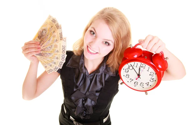 Woman holding polish money banknote and alarm clock. — Stock Photo, Image