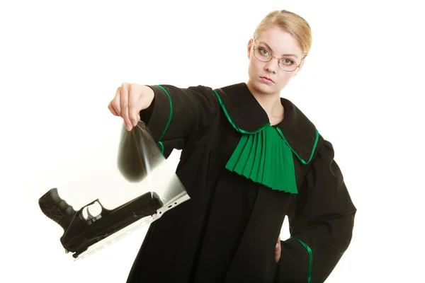 Woman lawyer with gun bag marked evidence for crime. — Stock Photo, Image