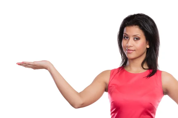 Woman girl mixed race holding open palm — Stock Photo, Image