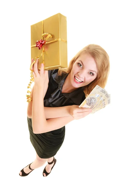 Gift  holding gift box and   money — Stok fotoğraf