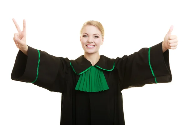 Woman making   victory and thumb up gestures — Stock Photo, Image