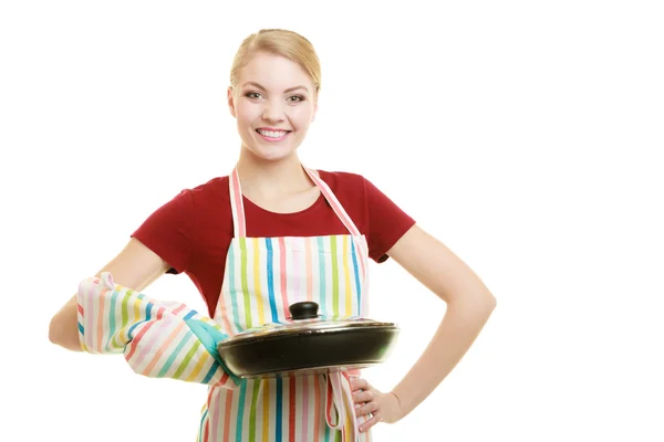 Housewife with skillet frying pan — Stock Photo, Image