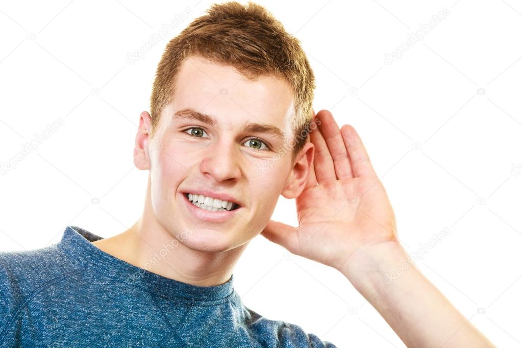 Man holding hand to ear — Stock Photo © Voyagerix #86793108