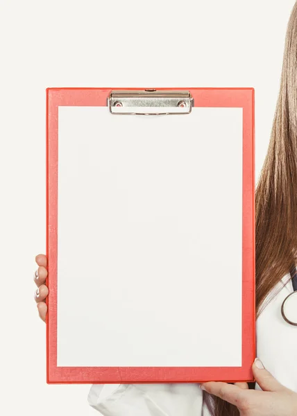 Doctor with stethoscope, clipboard. Copy space. — Stockfoto