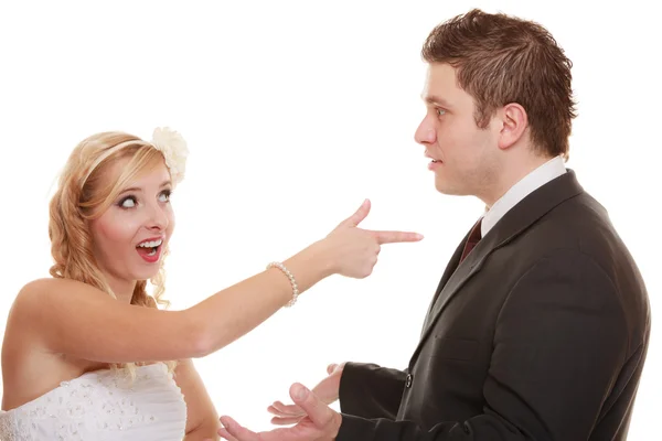 Wedding couple having argument conflict, bad relationships — Stock Photo, Image