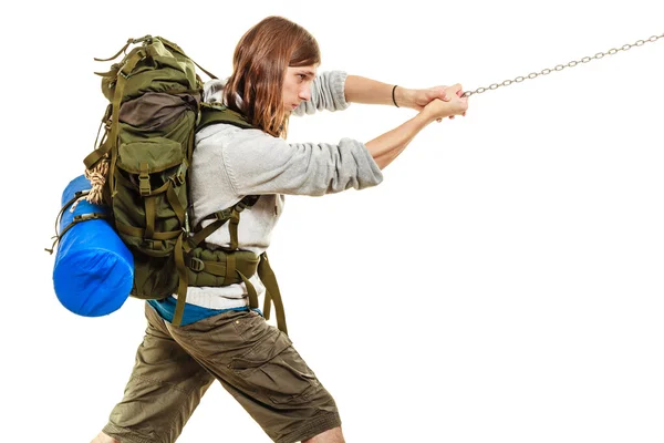 Mountaineer hiking climbing rock mountain. — Stock Photo, Image