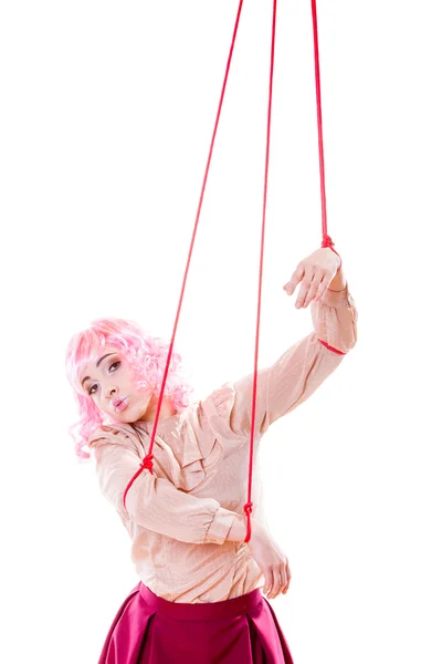 Vrouw meisje gestileerd als marionet pop op string — Stockfoto