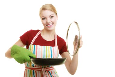 housewife or chef in kitchen apron with skillet frying pan clipart