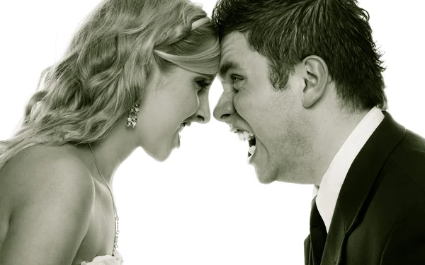 Angry woman man yelling at each other. Fury bride groom. — Stock Photo, Image