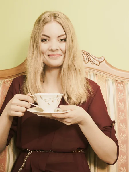 Woman drinking hot coffee beverage. Caffeine. — Stock Photo, Image