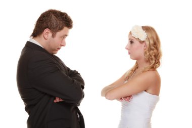 bride and groom looking at each other offended clipart