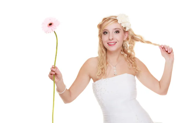 Dzień ślubu. Portret młodej szczęśliwa kobieta na białym tle — Zdjęcie stockowe