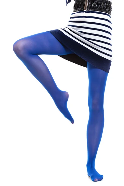 Woman long legs and blue stockings isolated — Stock Photo, Image