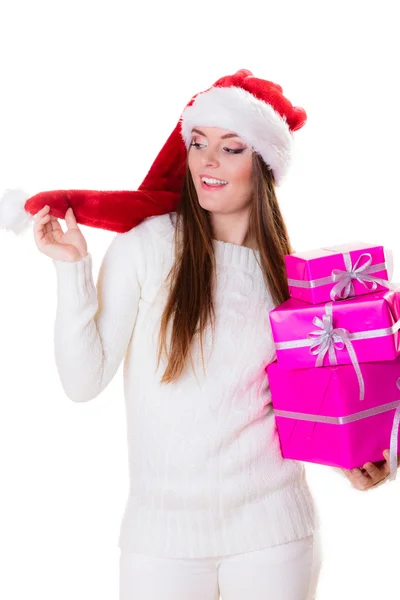 Kvinna Santa hjälpreda hatt med många rosa presentförpackningar — Stockfoto