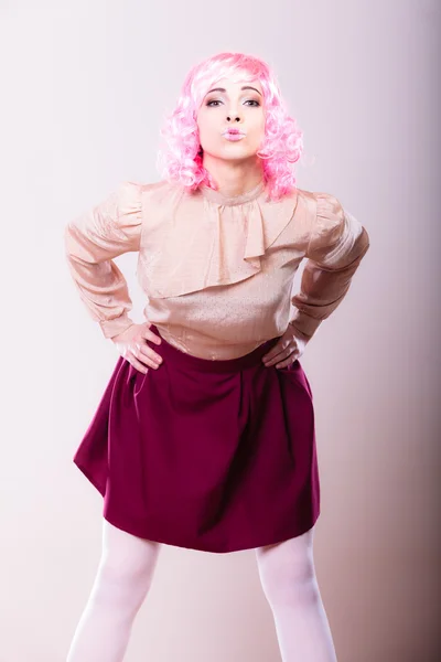 Woman with pink wig creative visage — Stock Photo, Image