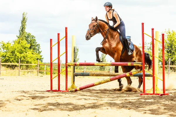 Vrouw jockey opleiding paardrijden paard. Sport activiteiten — Stockfoto