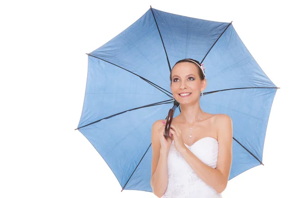 Bride s holding blue umbrella — Stock Photo, Image