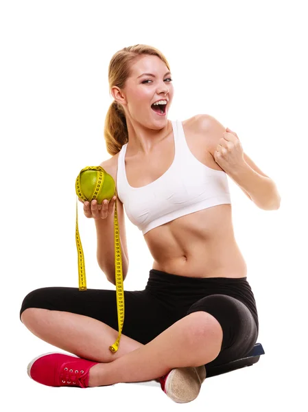 Happy successful woman weighing scale. Weight loss — Stock Photo, Image