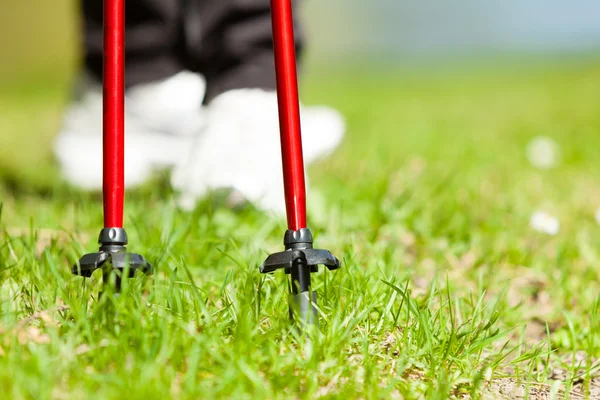 Nordic walking. Ženské nohy pěší turistika v parku. — Stock fotografie