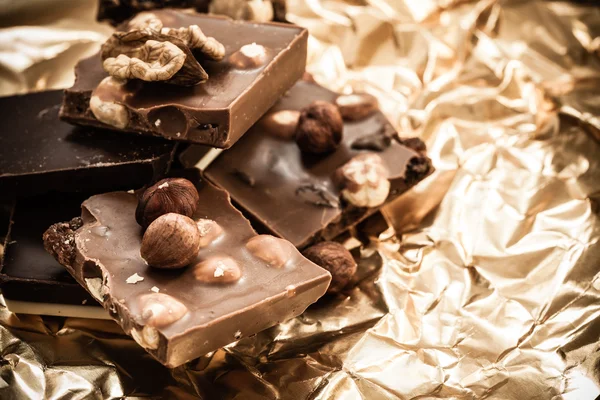 Different sorts chocolate and hazelnuts — Stock Photo, Image