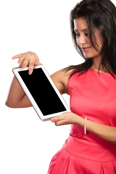 Woman using pc tablet with blank empty screen. — Stock Photo, Image