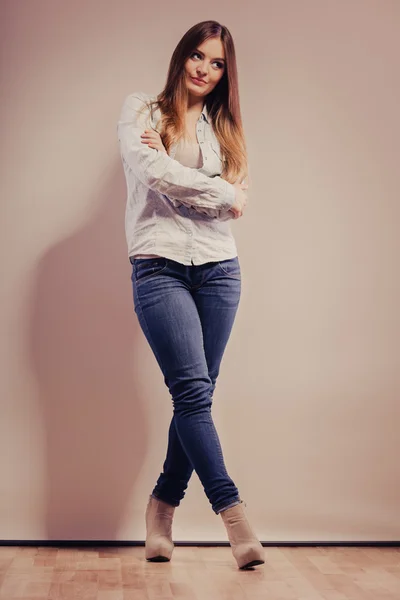 Fashionable woman in shirt denim pants — Stock Photo, Image