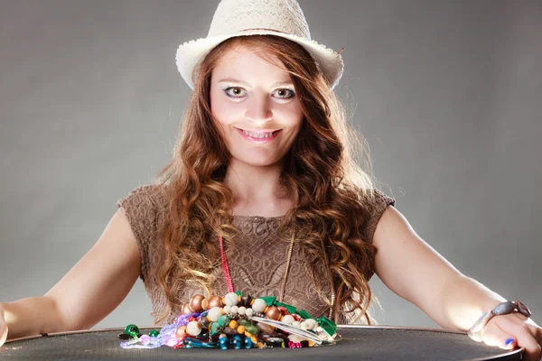 Mysterious woman with jewelry necklaces beads. — Stock Photo, Image