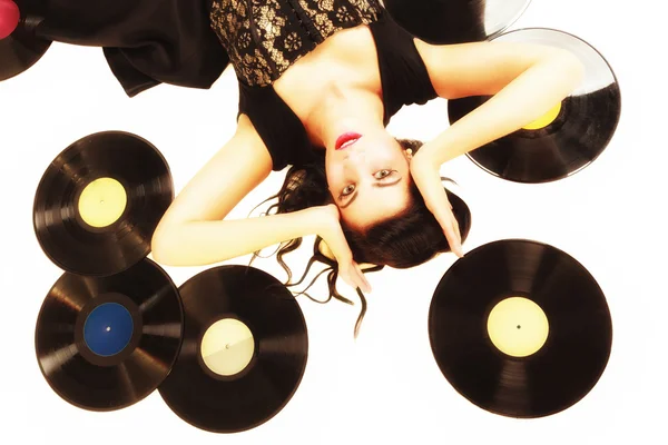 Meisje met klankopname analoge platen muziekliefhebber — Stockfoto
