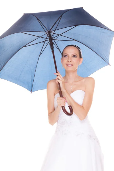 Bride woman in white wedding dress with umbrella. — Stock Photo, Image