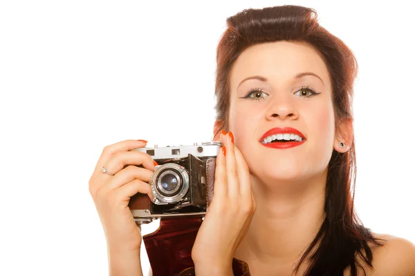 Mooi tiener meisje met oud camera — Stockfoto