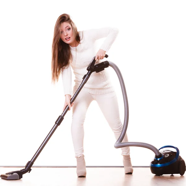 Funny girl with vacuum cleaner. — Stock Photo, Image