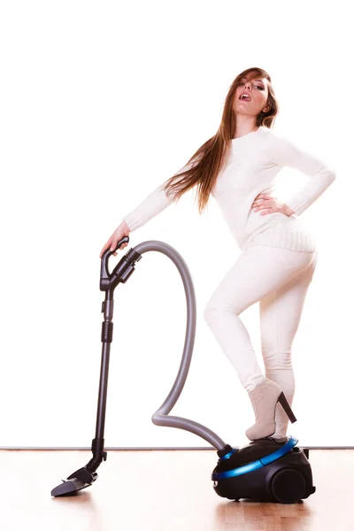 Funny girl with vacuum cleaner. — Stock Photo, Image