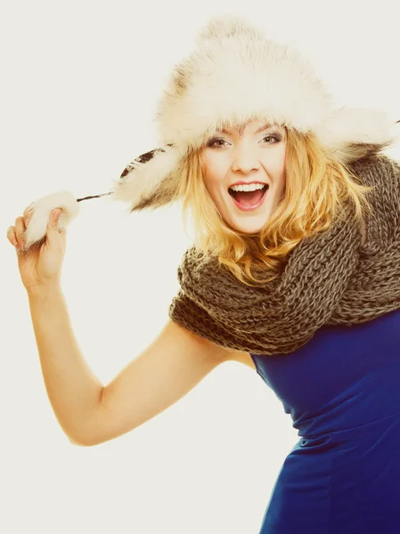 Winter fashion. Happy young woman in fur hat. — Stock Photo, Image