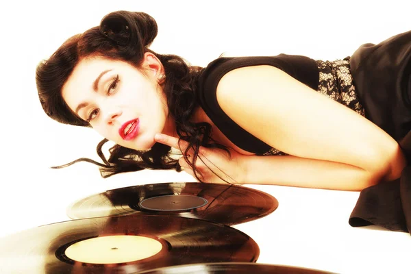 Fille avec phonographie disques analogiques amateur de musique — Photo