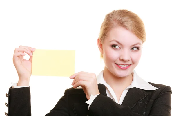 Ad. Businesswoman holding blank copy space card — Stock Photo, Image