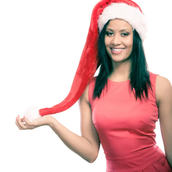 Woman mixed race santa helper hat portrait — Stock Photo, Image