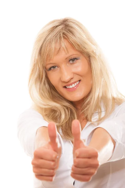 Volwassen vrouw geven duimen omhoog teken geïsoleerd — Stockfoto