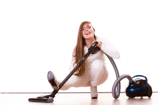 Funny girl with vacuum cleaner. Housework — Stock Photo, Image