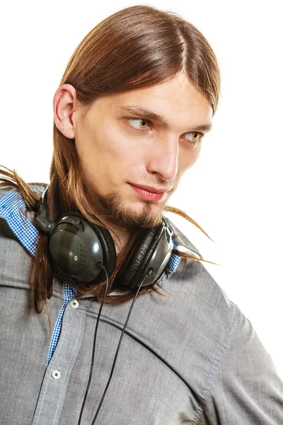 Man with headphones listening to music. Leisure. — Stock Photo, Image