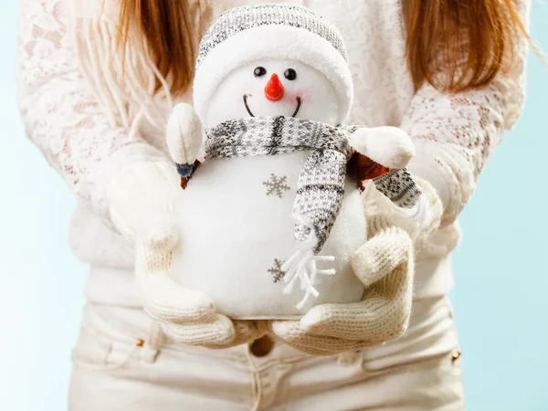 Girl with xmas snowman. — Stock Photo, Image