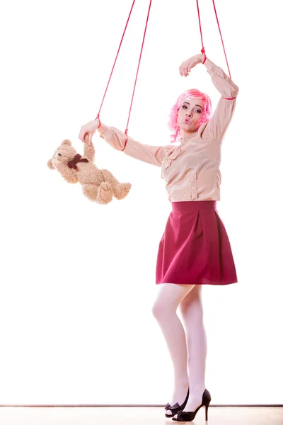 Woman girl stylized like marionette puppet on string — Stock Photo, Image