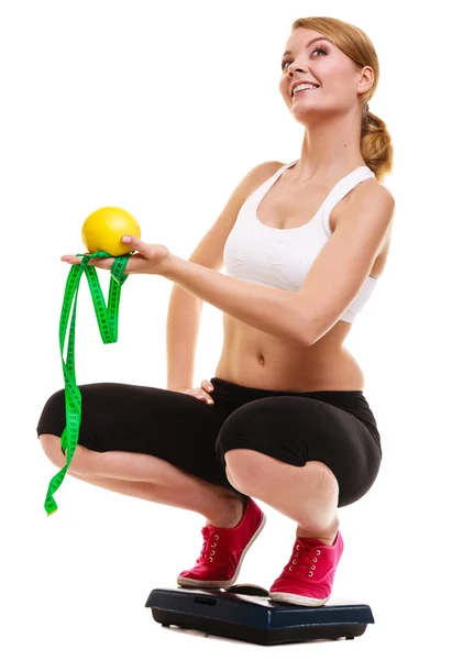 Happy woman weighing scale. Slimming weight loss. — Stock Photo, Image