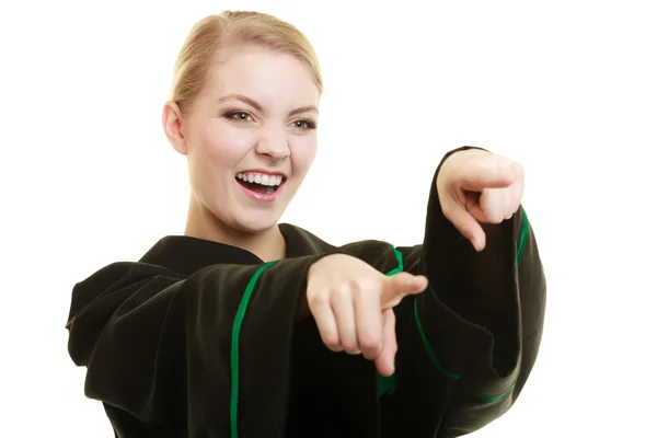 Happy woman lawyer pointing with finger — Stock Photo, Image