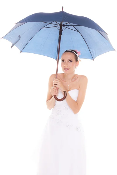 Bride woman hiding taking cover under umbrella — Stock Photo, Image