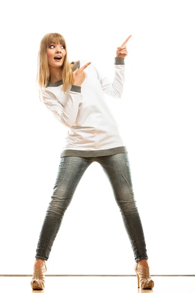 Woman casual style showing copy space — Stock Photo, Image