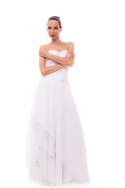 Piena lunghezza sposa in abito da sposa bianco isolato — Foto Stock